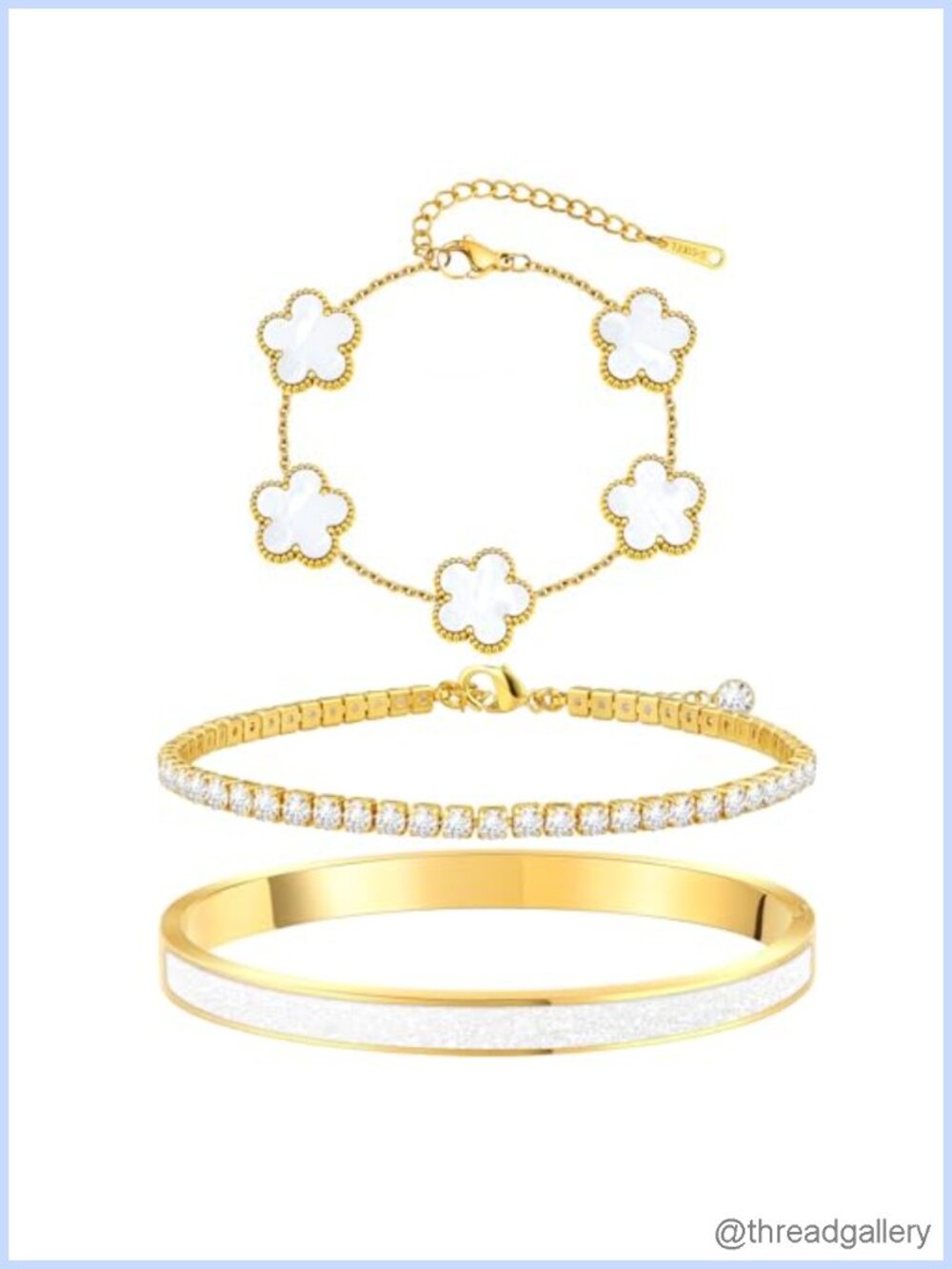 18K Gold Plated Stainless Steel Bracelet Stack Set - Tennis Clover Bangle, Women